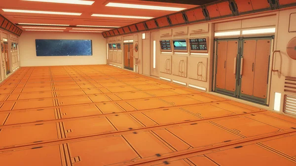 3D vykreslování. Futuristický interiér chodby lodi — Stock fotografie