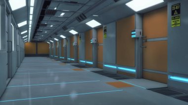 3D render. Fütüristik iç koridor uzay gemisi