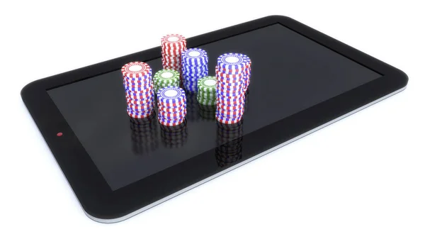 Resa 3d. Tablet e casinò di scommesse chips — Foto Stock