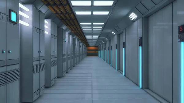 Renderowania 3D. Futurystyczne wnętrza korytarza statek kosmiczny — Zdjęcie stockowe