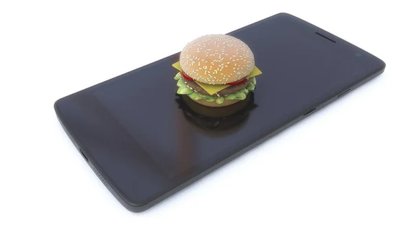 3d render. Mobile phone and hamburger — Stock Photo, Image