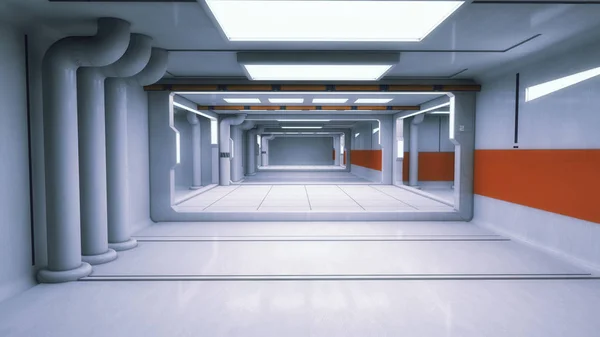 3D καθιστούν. Φουτουριστικό εσωτερικό διάδρομο διαστημόπλοιο — Φωτογραφία Αρχείου