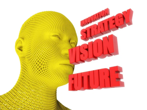 Renderização 3d. Cabeça e inovação, estratégia, visão e texto futuro — Fotografia de Stock