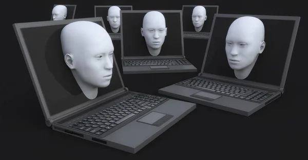 3D vykreslování. Laptop a 3d hlava z obrazovky — Stock fotografie
