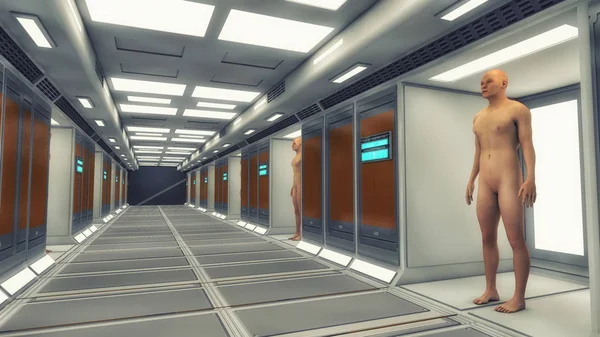 Renderowania 3D. Futurystyczny tle architektury korytarza i humanoidalne — Zdjęcie stockowe