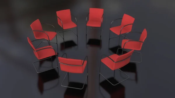 Renderizado 3d. Ocho sillas en círculo y suelo negro — Foto de Stock