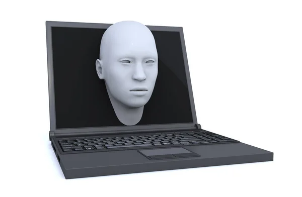3D рендеринг. Ноутбук и 3d голова выходит из экрана — стоковое фото