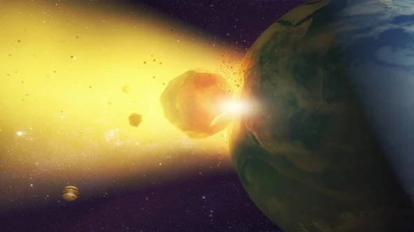 3D vykreslování. Meteorit naráží na planetu Zemi — Stock fotografie