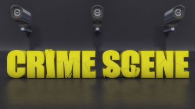 3D render. Suç mahalli metin ve güvenlik fotoğraf makinesi