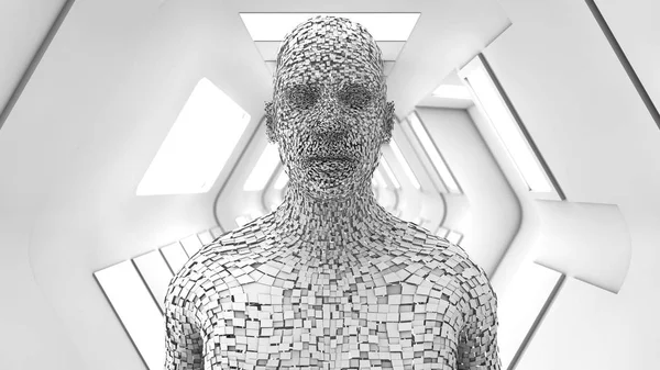 3D rendering. Ανθρωποειδές κεφάλι και φουτουριστικό δωμάτιο — Φωτογραφία Αρχείου