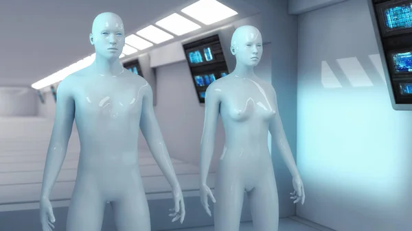 3D-Darstellung. futuristische Hintergrundarchitektur Korridor und humanoide männliche und weibliche — Stockfoto