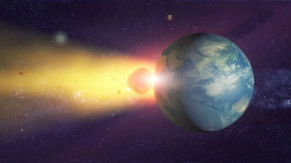 Renderowanie 3D. Meteoryt zderzający się z planetą Ziemia — Zdjęcie stockowe