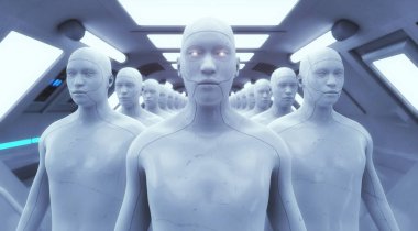 3D render. İnsansı baş ve fütüristik Oda