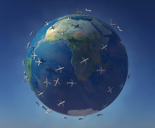 3D render. Planeet aarde en vliegtuigen — Stockfoto