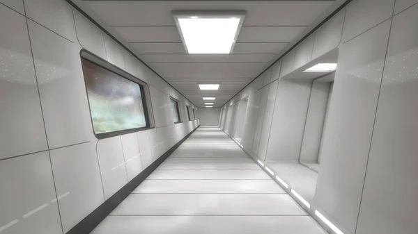 Renderowania 3D. Nowoczesny i futurystyczny statek kosmiczny korytarza — Zdjęcie stockowe
