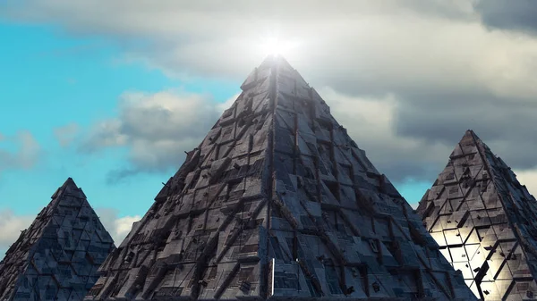 3D-Darstellung. Pyramiden und futuristische Strukturen — Stockfoto