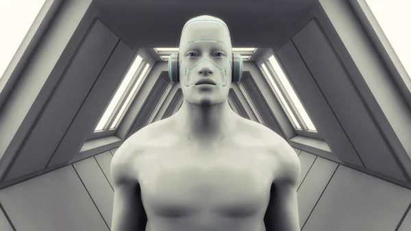 3D-Darstellung. humanoide Figur in futuristischem Interieur — Stockfoto