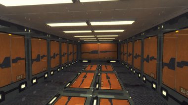 3D render. Modern ve fütüristik uzay gemisi koridor