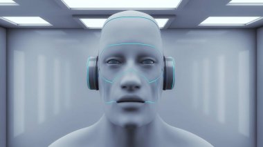 3D render. İnsansı baş ve fütüristik Oda