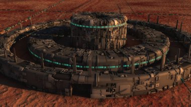 3D görüntüleme. Gelecekçi şehir ve uzay gemileri