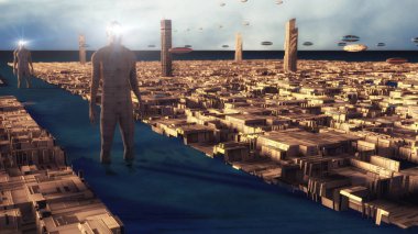 3D görüntüleme. Gelecekçi şehir ve uzay gemileri