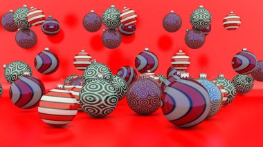 3D render. Noel dekorasyon topları farklı renklerde