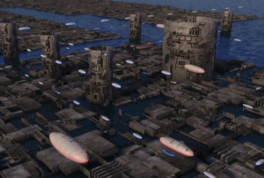 3D render. Fütüristik şehir ve yabancı gezegenin