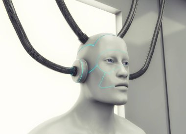 3D render. İnsansı baş ve fütüristik Oda