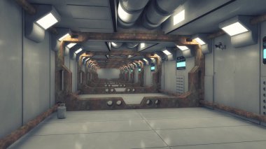 3D render. Fütüristik uzay gemisi iç koridor