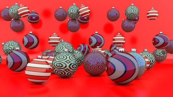 3D render. Noel dekorasyon topları farklı renklerde
