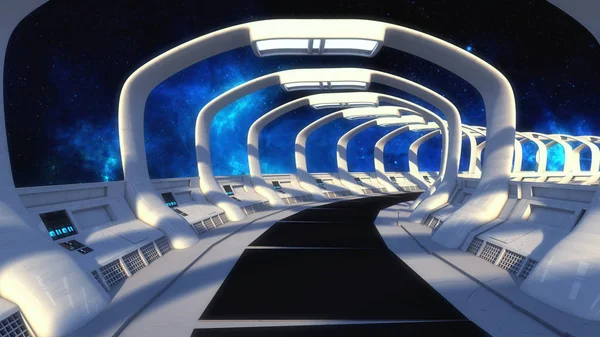 レンダリング 未来的な宇宙船内部の廊下 — ストック写真