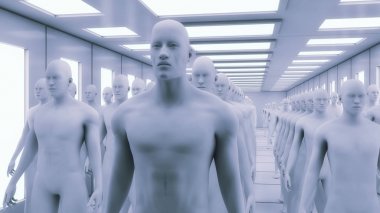 3D render. İnsansı baş ve fütüristik Oda