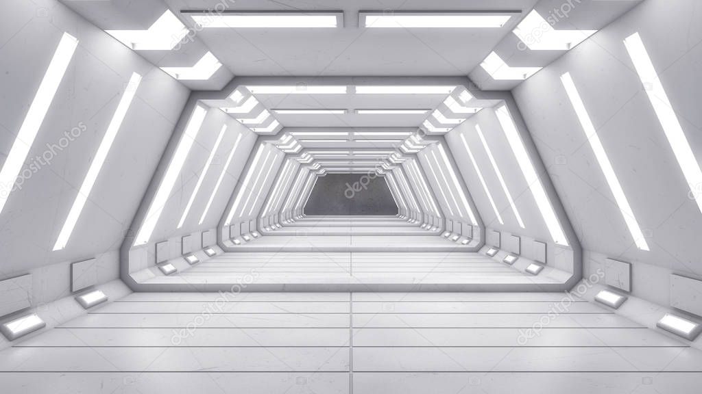 3D render. Futuristic corridor interior architecture