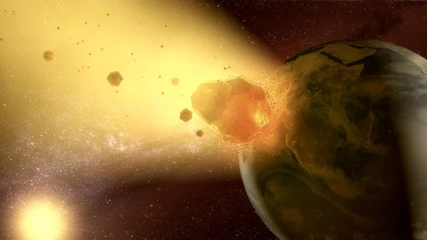 Renderowanie Meteoryt Zderzający Się Planetą Ziemia — Zdjęcie stockowe