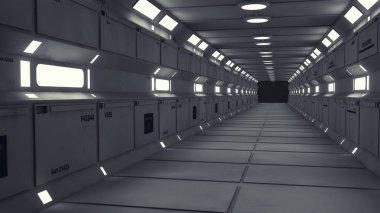 3D render. Fütüristik iç uzay gemisi koridor