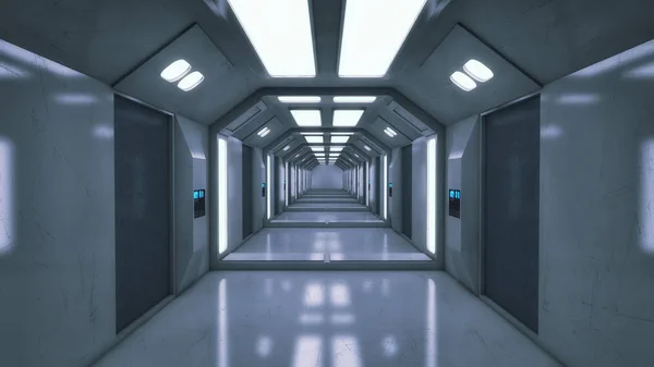 3D render. Futuristic interior spaceship corridor