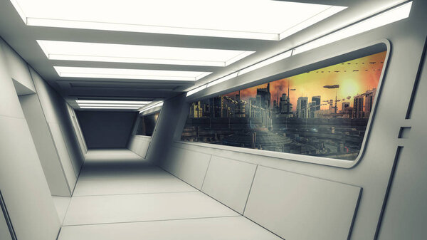 3D визуализация. Футуристический внутренний коридор космического корабля
