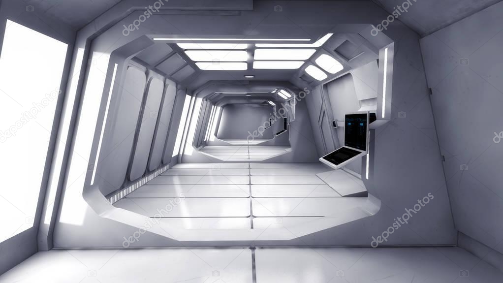 3D render. Futuristic science fiction interior corridor