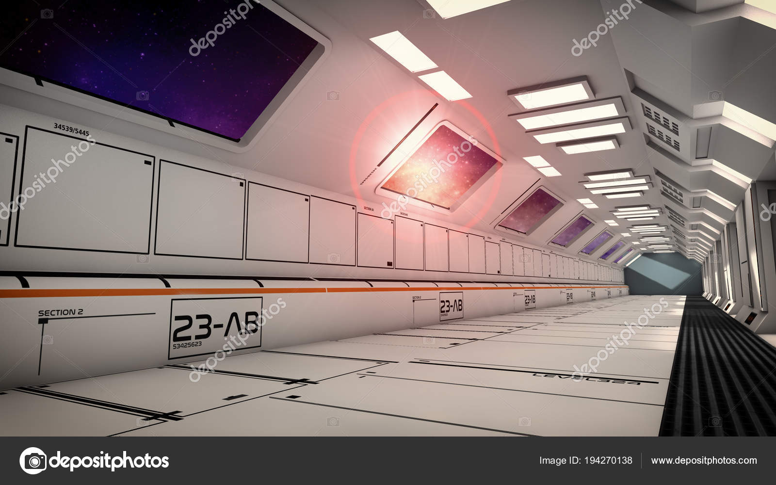 Render Futuristic Spaceship Interior Corridor Stock Photo