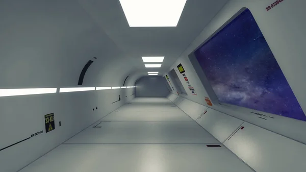 Renderowania Statek Kosmiczny Futurystyczne Wnętrza Korytarza — Zdjęcie stockowe
