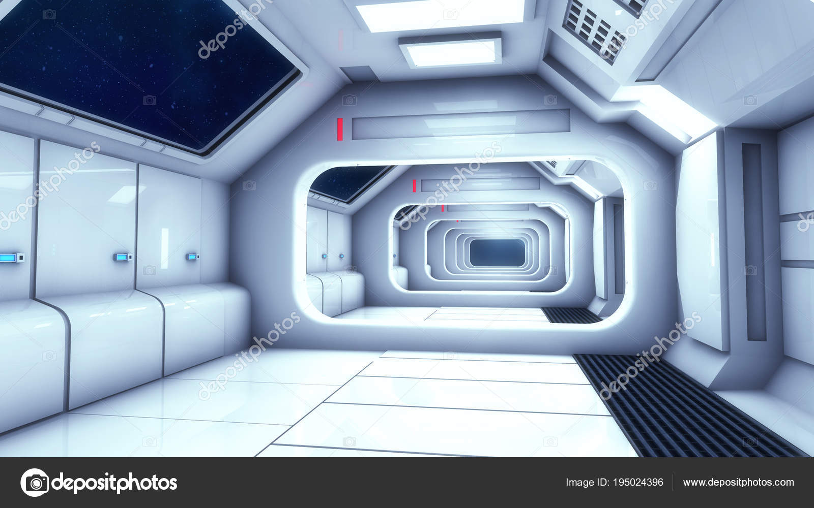 Render Futuristic Spaceship Interior Corridor Stock Photo