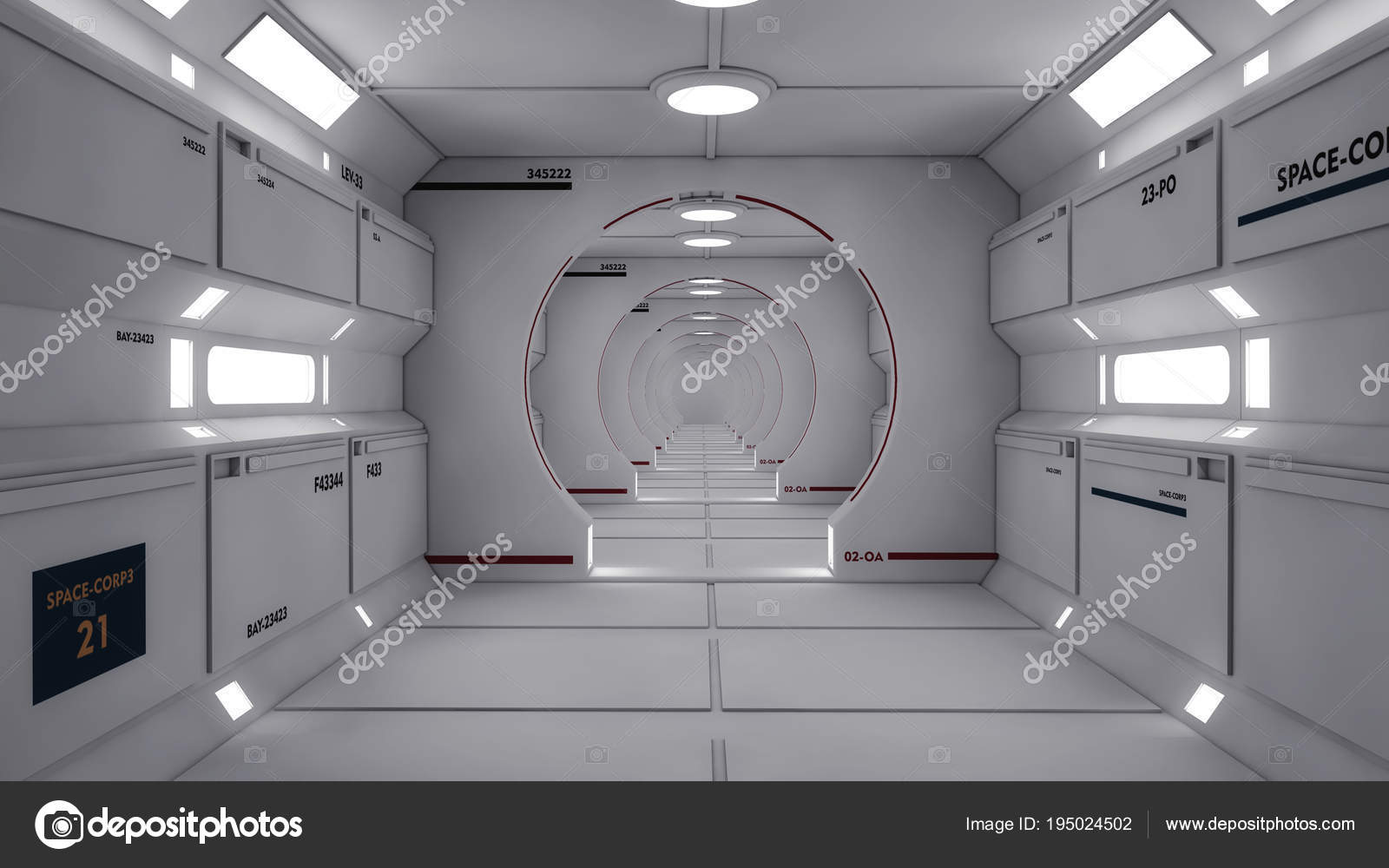 Render Futuristic Spaceship Interior Corridor Stock Photo