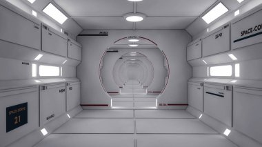 3D render. Fütüristik uzay gemisi iç koridor