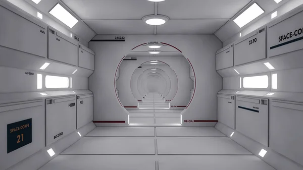 のレンダリング 未来的な宇宙船内部の廊下 — ストック写真
