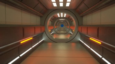 3 boyutlu görüntüleme. Gelecekçi uzay gemisi bilimkurgu koridoru mimarisi