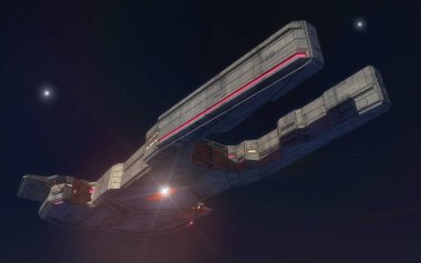 3D görüntüleme. Gelecekçi uzay gemisi konsepti çizimi