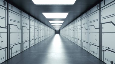 3 boyutlu görüntüleme. Gelecekçi uzay gemisi bilimkurgu koridoru mimarisi