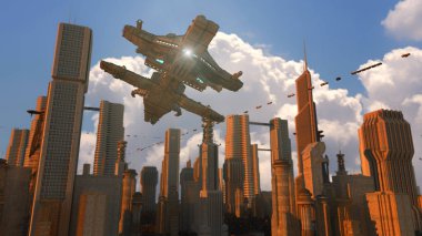 3D görüntüleme. Gelecekçi şehir ve uzay gemileri