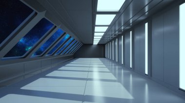 3 boyutlu görüntüleme. Gelecekçi uzay gemisi bilimkurgu koridoru mimarisi