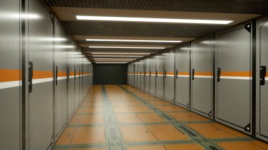 3 boyutlu görüntüleme. Gelecekçi uzay gemisi bilimkurgu koridoru mimarisi